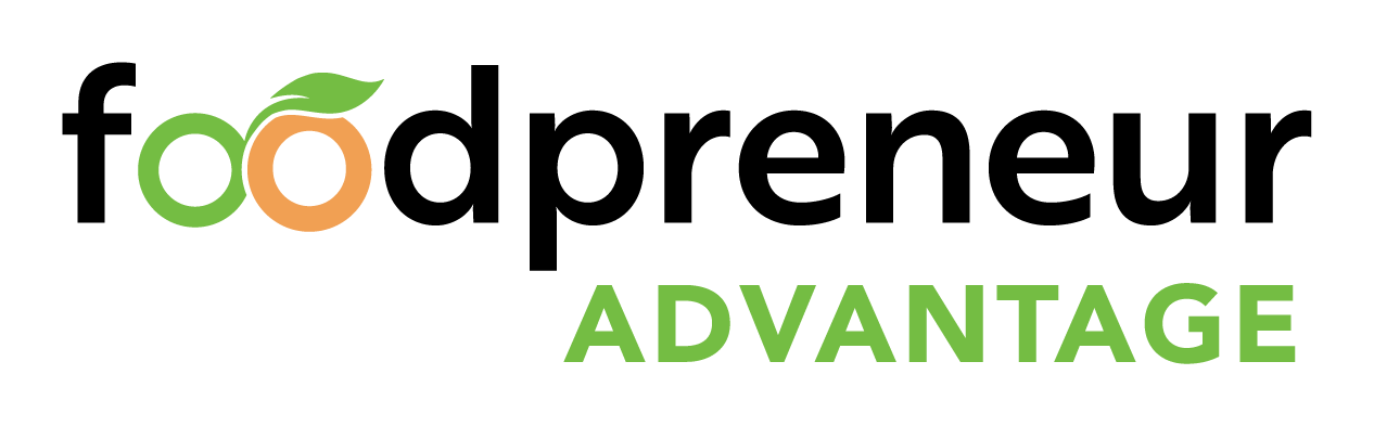 LOGO-Foodpreneur-Advantage A word-mark that spells out foodpreneur advantage with one green "o" with a stylized orange "o" with a green leaf next to it.