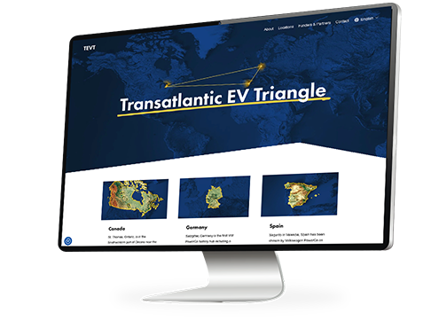 TEVT_mockkup@50 A computer monitor with the Transatlantic EV Triangle Website on the screen. Text and maps showing Canada, Germany and Spain.